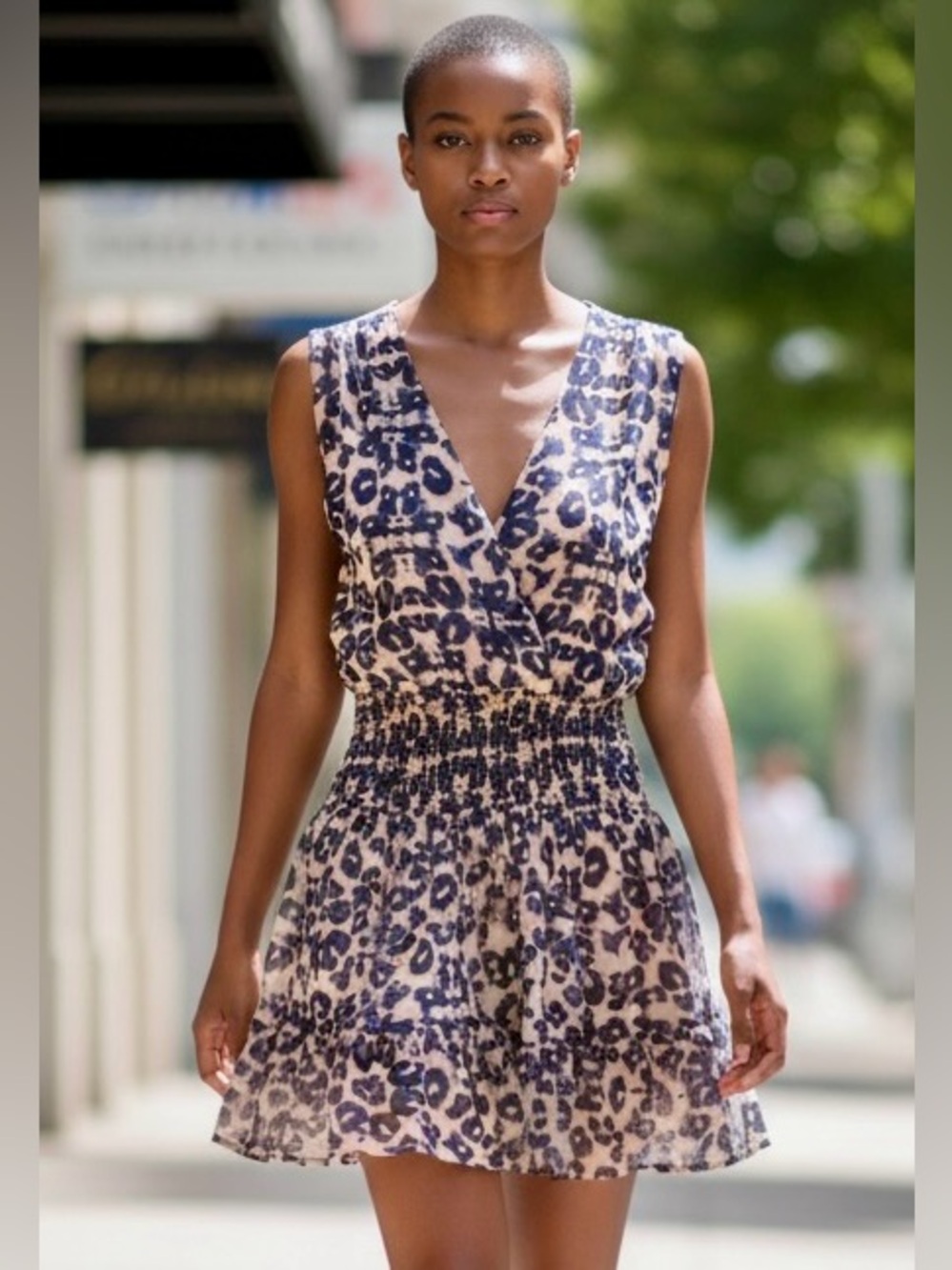 Sleeveless V-Neck Smocked Waist Leopard Print Mini Dress - Blue